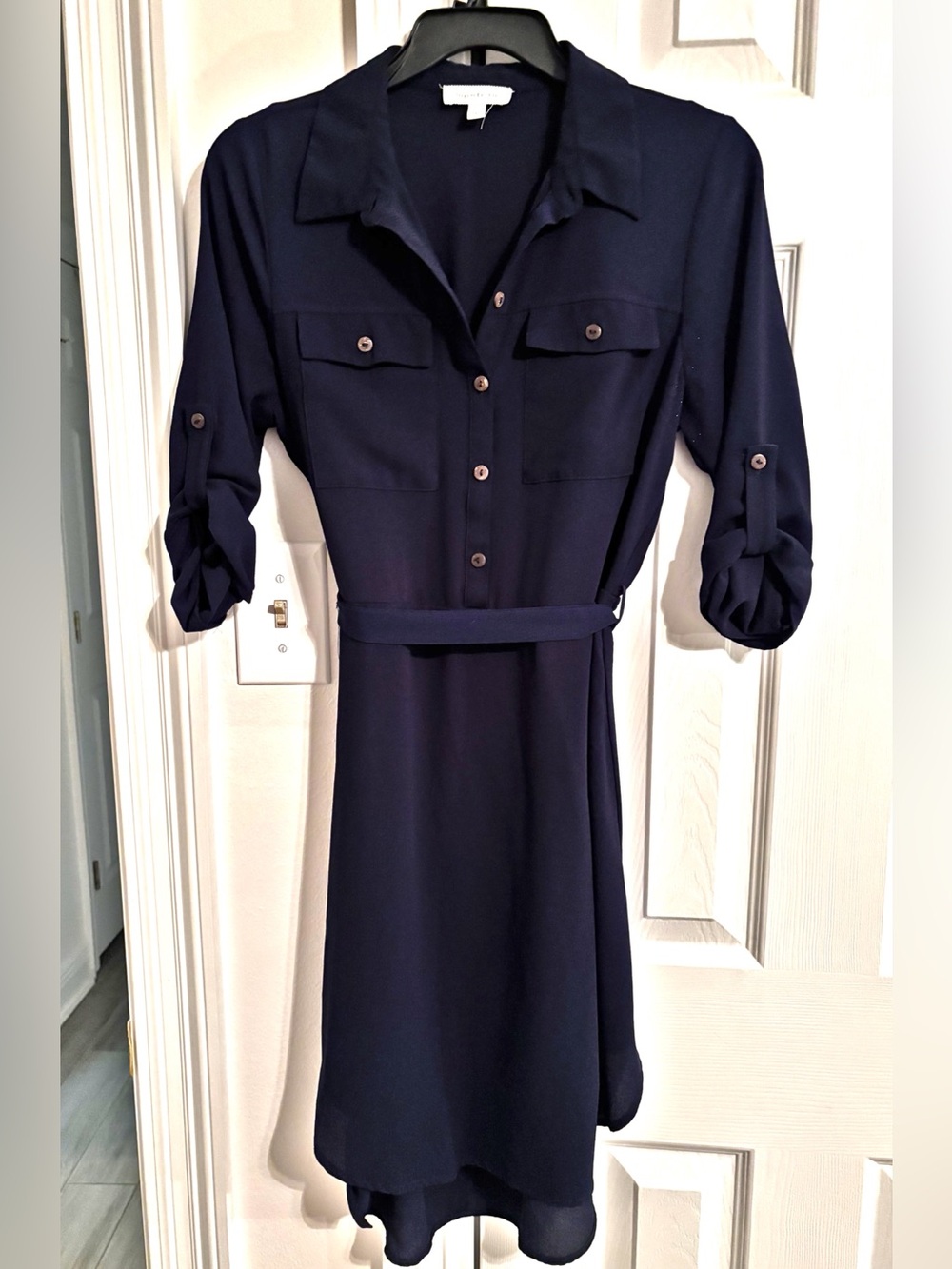 Women’s Navy Button Down Shirt Dress with Belt, Small